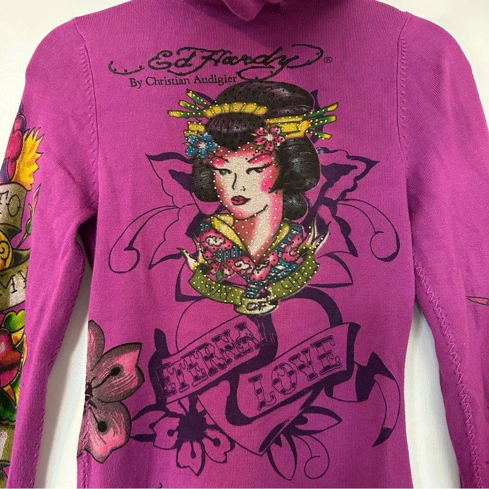 Ed Hardy Y2K Eternal Love Dagger Geisha Zip Front Hooded Cardigan Sweater XS